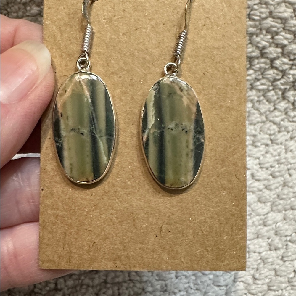 Imperial jasper 925 sterling silver overlay earrings Oval dangle pierced